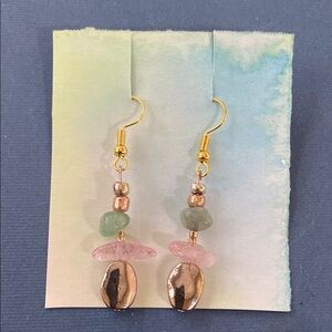 Gold and Pink Dangle Earrings with Beaded Design